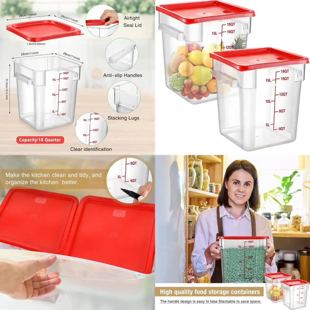 

18 Qt Red Polypropylene Square Food Storage Container with Lid and Graduations for Commercial Kitchen Use