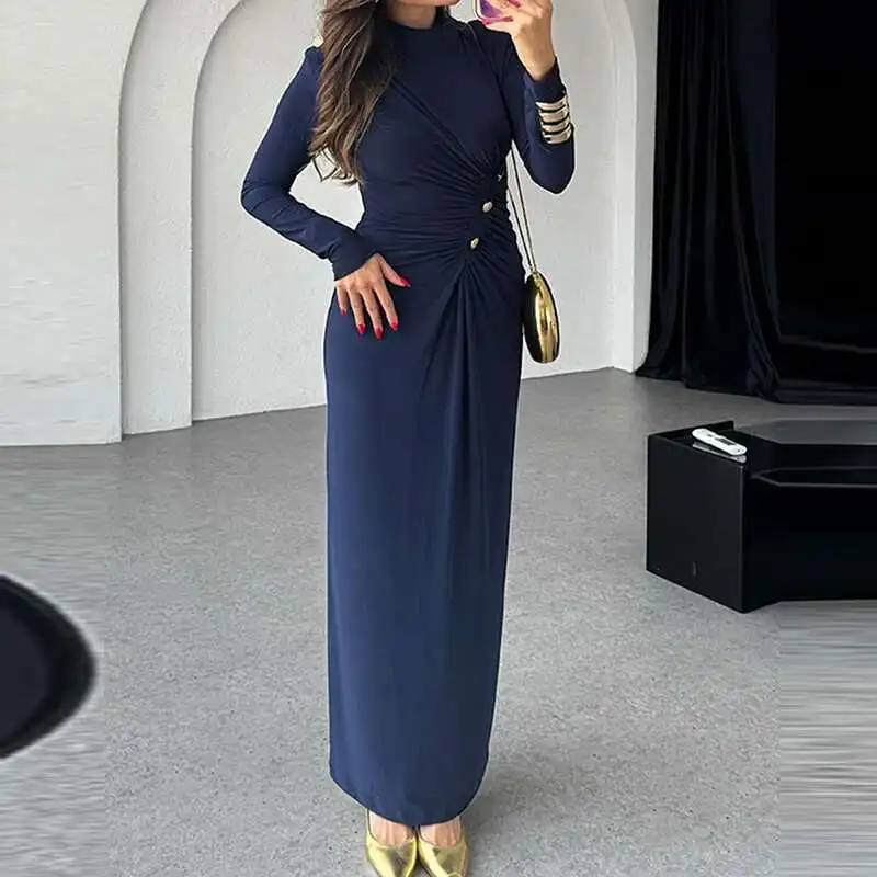 

Весенне-осеннее тонкое вечернее элегантное однотонное платье макси с длинными рукавами и пуговицами, плиссированное платье трапециевидной формы с круглым вырезом для офиса и женщин