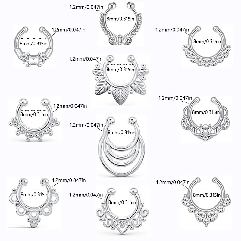 10 pieces of stylish simple and versatile women\'s false nose ring, no piercing, square zircon, inner diameter 8mm