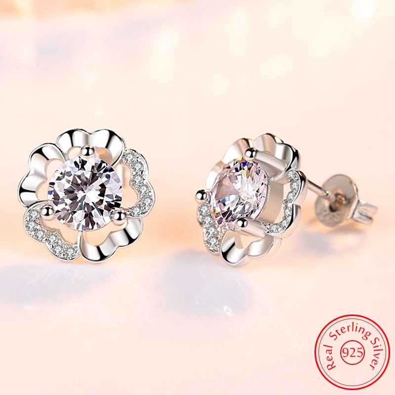 

Pure 925 Sterling Silver Fashion Jewelry New Flower Crystal Zircon Stud Earrings For Women XY0248