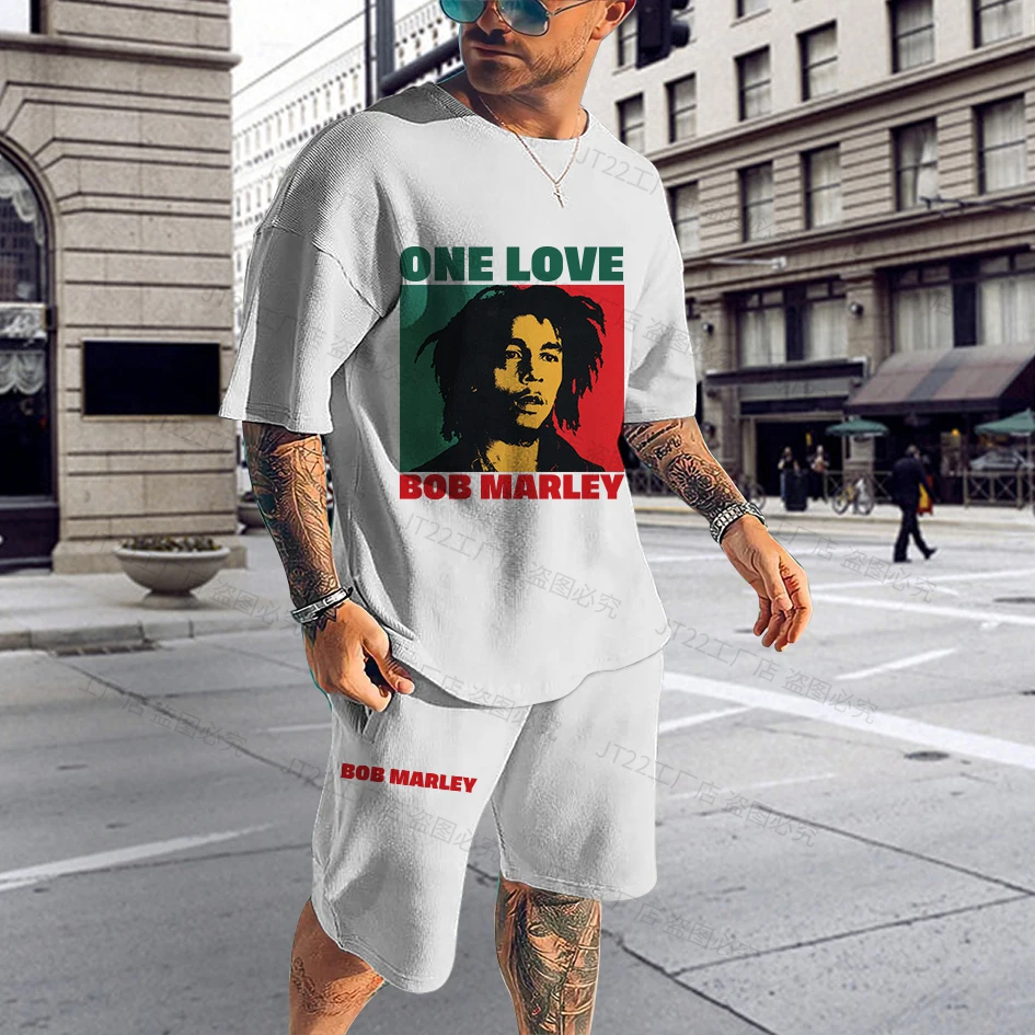 Summer Men Tracksuit Sets Bob Marley Reggae Music T-Shirt Shorts Set Casual Suit 2 Piece Outfit Oversized Male Street Clothing