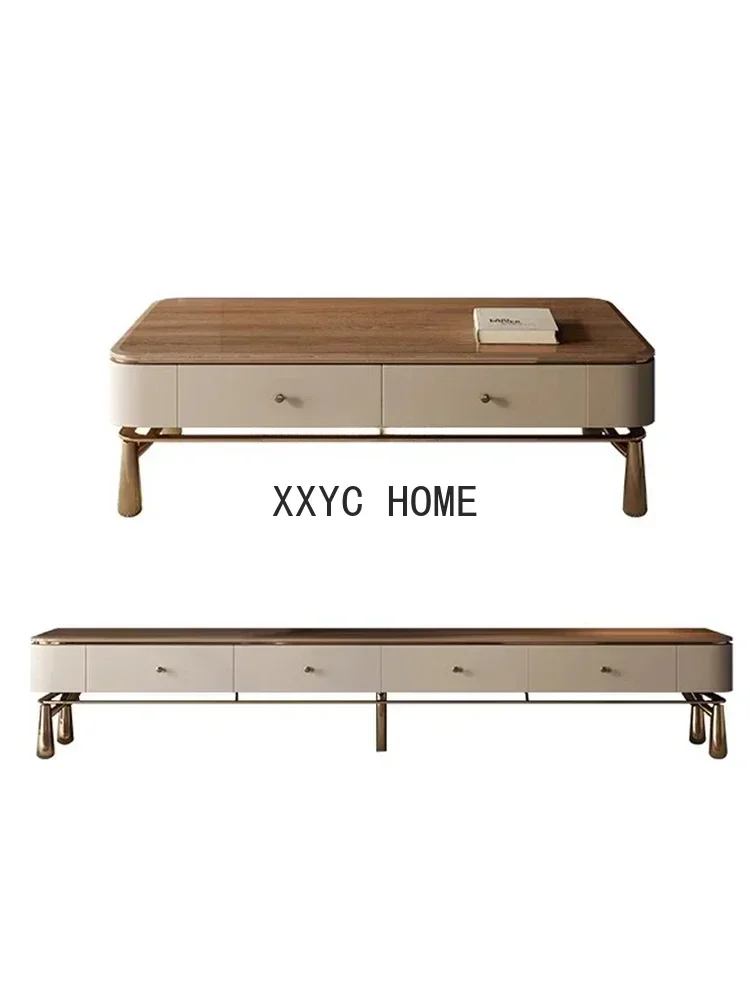 Luxe Italiaanse Stijl Tv-Kast En Theetafel Combinatie Huishoudelijke High-End Massief Houten Multi-Layer Opslag Vloerkast