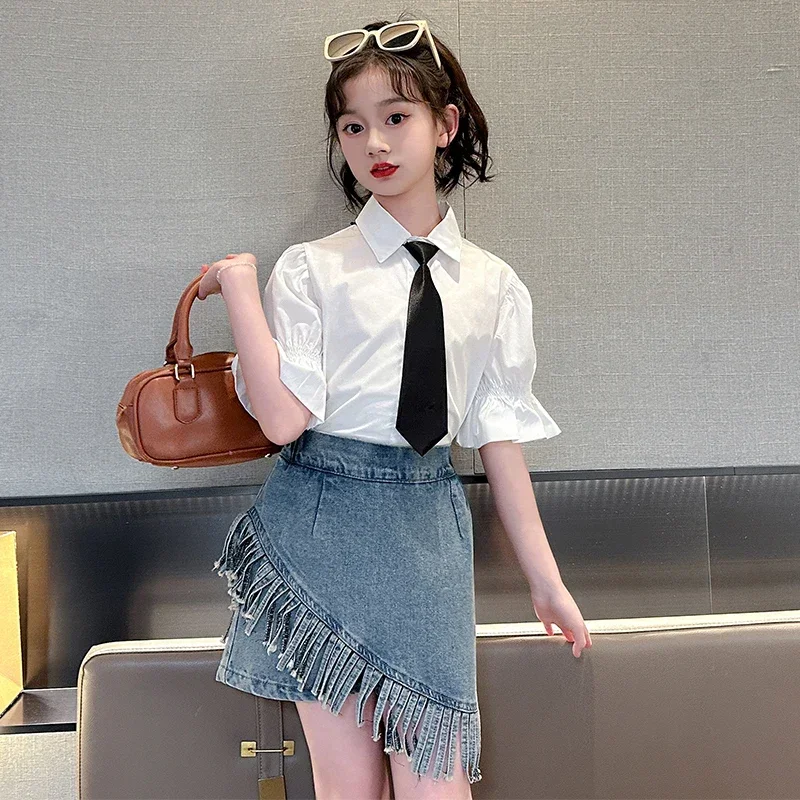 Children's New Fashionable and Personalized Skirts Girls Summer Tassel Versatile Denim Skirts Princess Birthday Ball Mini Skirts