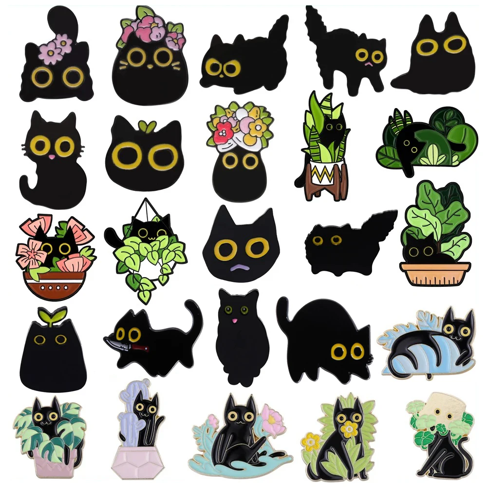 Cute Black Cat Enamel Brooch Cactus Plant Potted Flower Grass Coal Cat Cartoon Metal Badge Punk Lapel Pins Jewelry Accessories