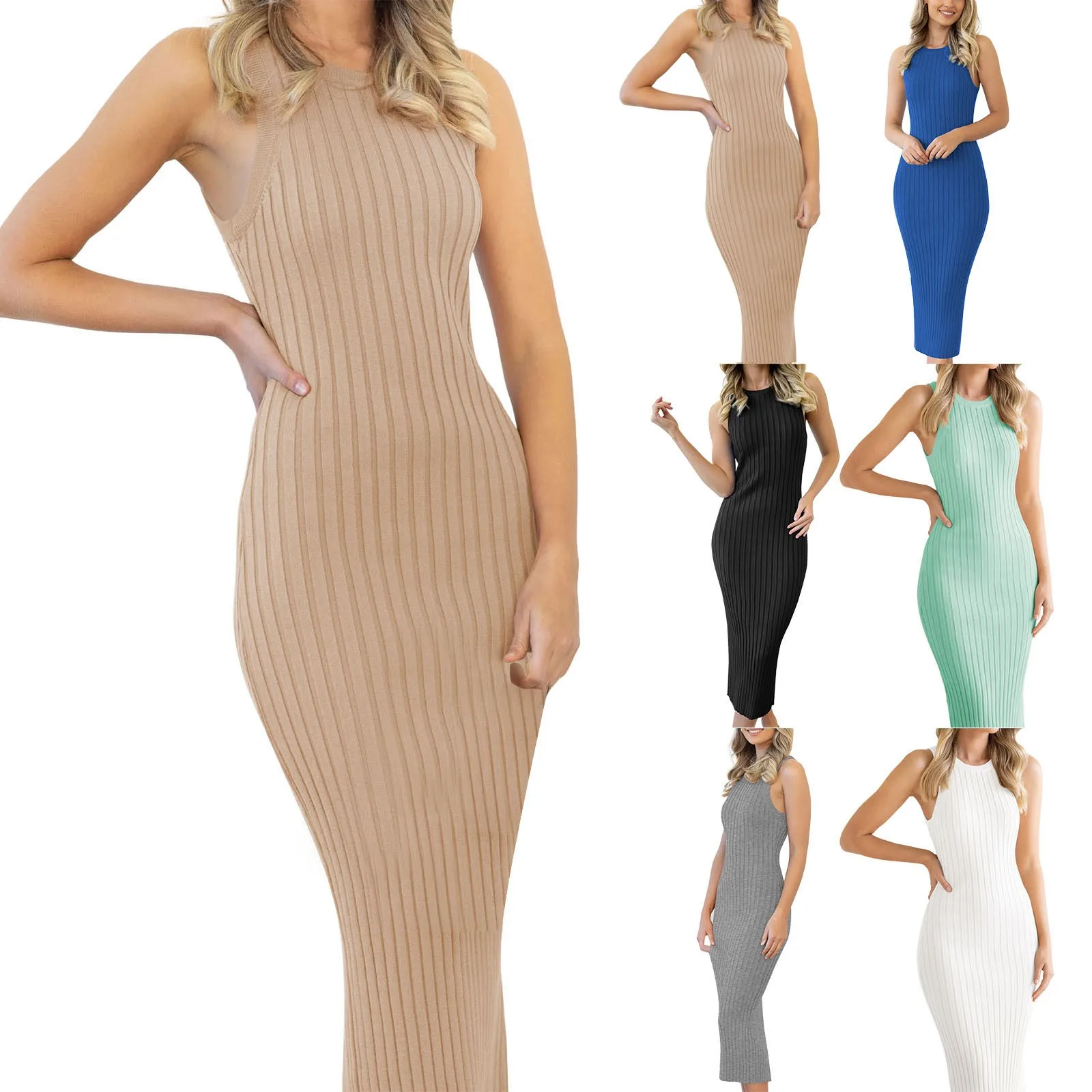 Women's Ribbed Tank Dress Leisure Fashion Sleeveless Round Neck Elegant Dress Tight Wrap Hip Midi Dress For Women Spring 2024