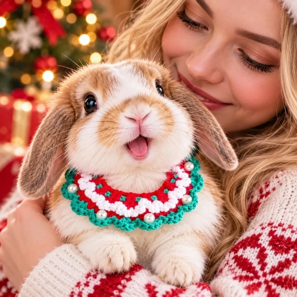 Yarn Christmas Pet Neckwear Red Bowknot Jingle Bell Dog Knitted Collar Vibrant Color Handmade Style Cat Santa Hat Kitten Styling