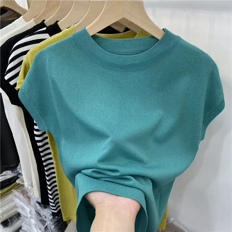 

Ladies Fashion Slim Fit Short Sleeve Green T-shirt Women Summer Knit Top Oversized T Shirt XXL Office Wear OL Knitwear Tshirts