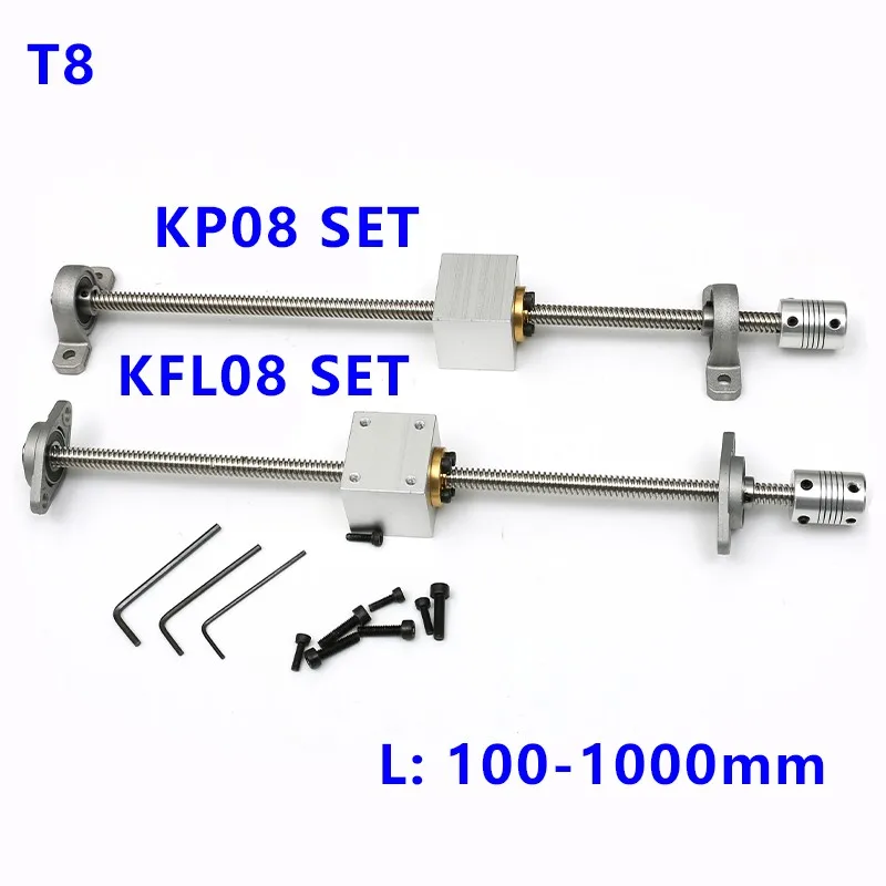 

T8 Lead Screw Set Horizontal/Vertical Screw Rod Kit Pitch 2mm Lead 8mm Length 100mm-1000mm 3D Printer CNC Machine Accessories