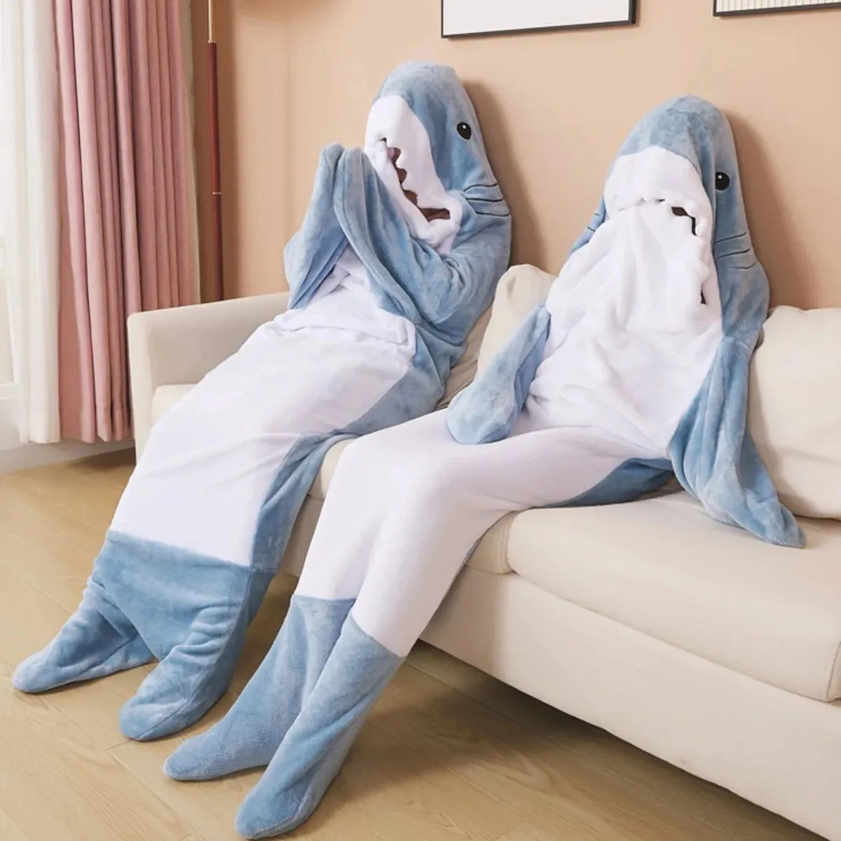 Cute Shark Blanket Plaid Sleeping Bag Cartoon Women Pajamas Nightrobe Shark Blanket Gown Adult Homewear Nightgown Comfy Bathrobe