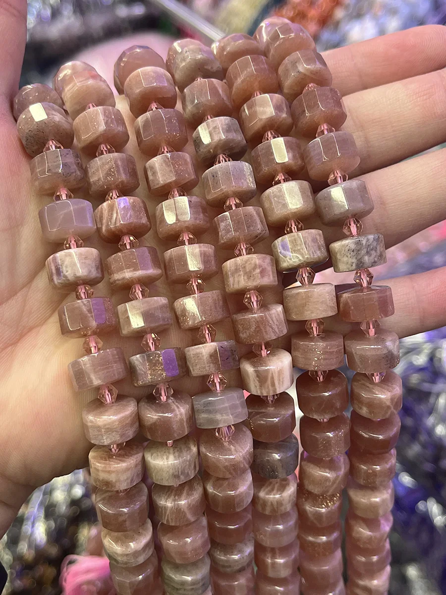 

Natural Sunstone Crystal Cylindrical Section Beads Round cake Stone Loose Spacer For Jewelry Making DIY Necklace Bracelet 15''