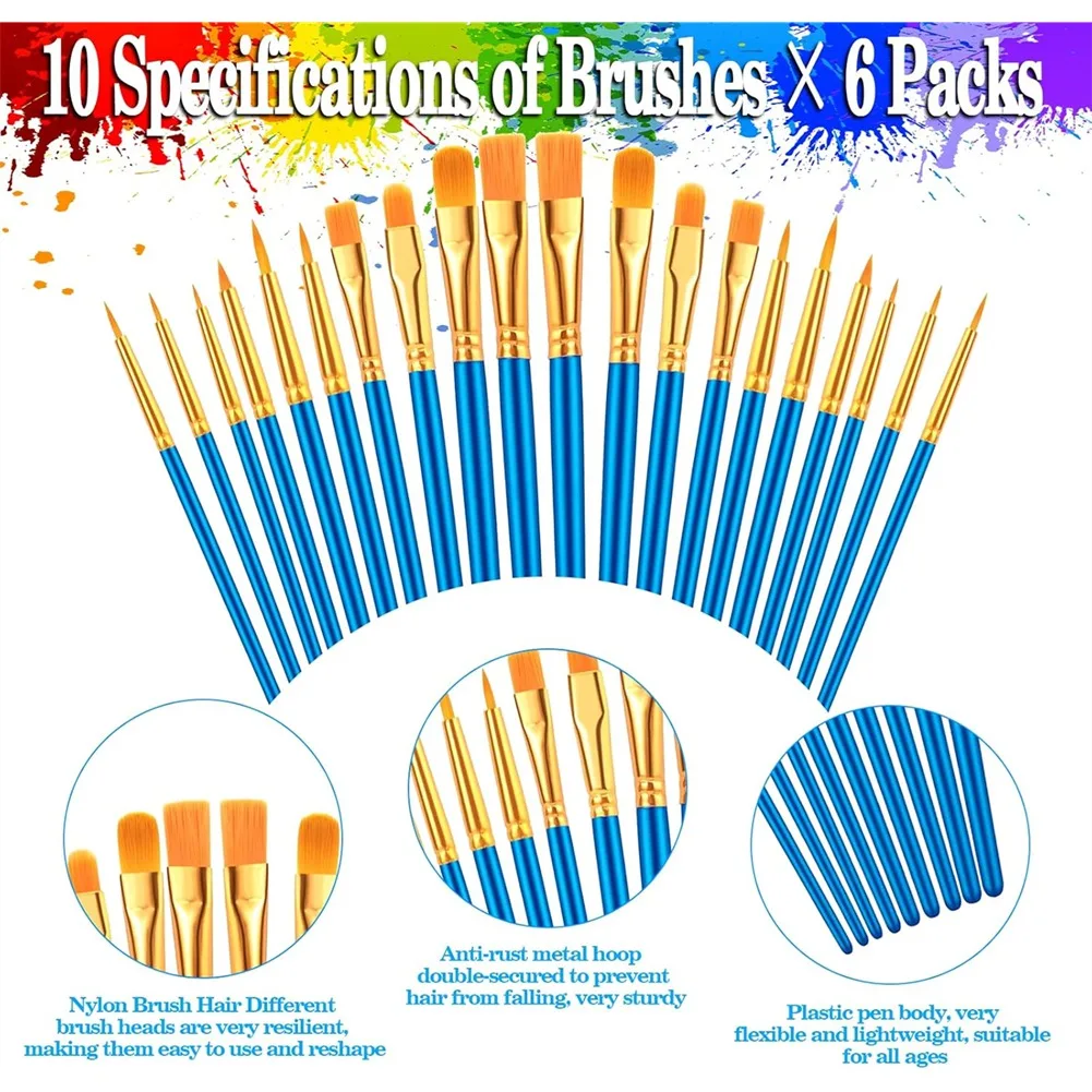 ABCD 72 Pcs Paint Brush Sets, 60 Pieces Paint Brushes and 6 Painting Palette 6.3 Inch, for Watercolor Painting, Ink Painting