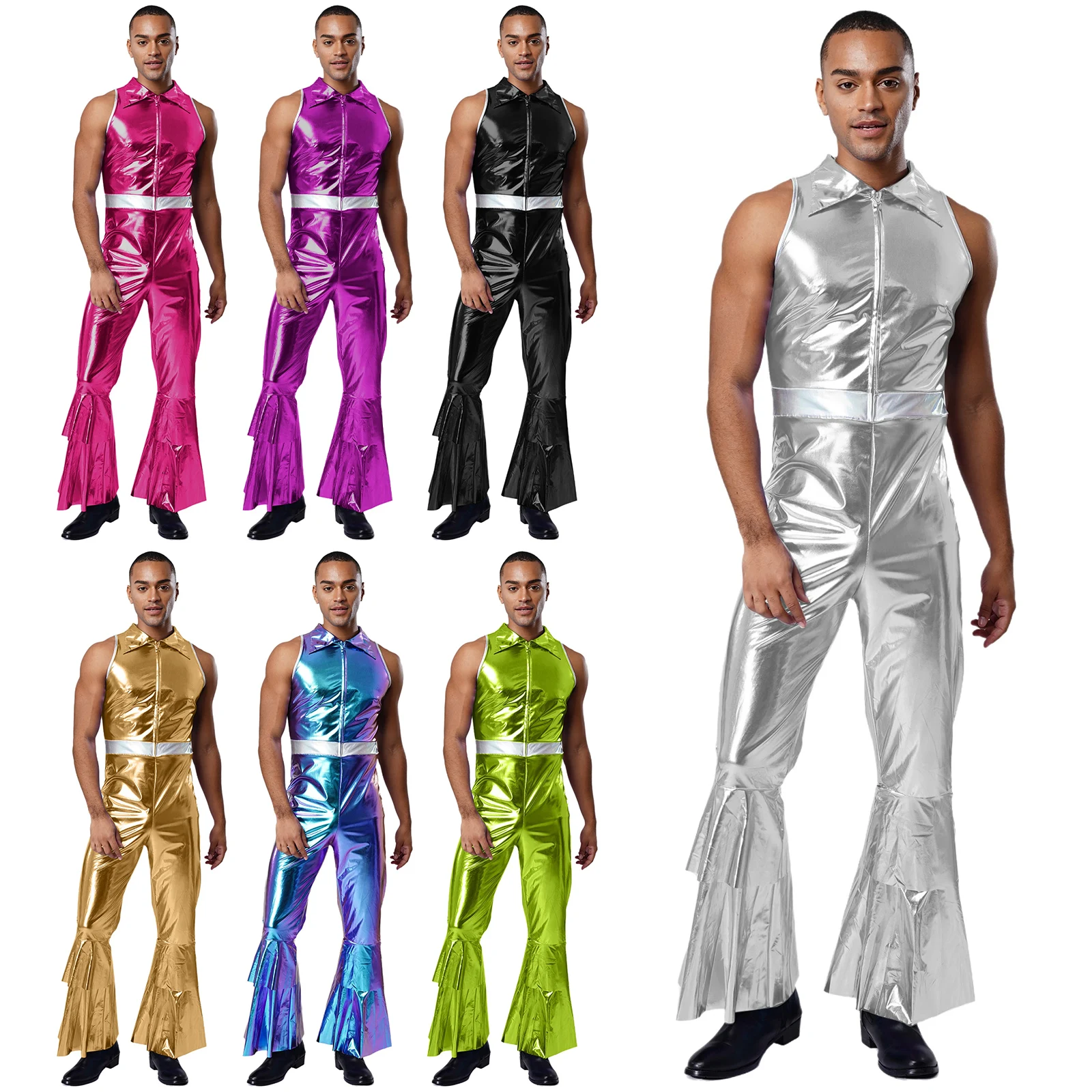 メンズファッション光沢のある黒のフレアロンパース、ディスコ、ジャズシンガー、ミュージカル、ヒッピーパーティー、クラブ、レイブ、ステージダンスパフォーマンス衣装用