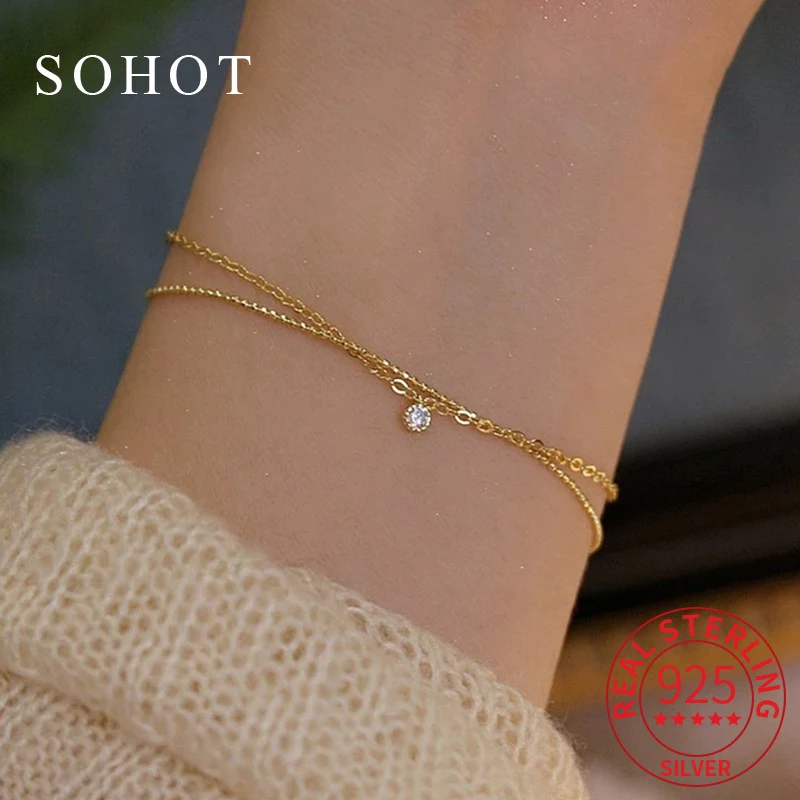 

Real 925 Sterling Silver 14k Gold Zircon Geometric Double Chain Bracelet for Charm Women Fine Jewelry Light Luxury Accessories