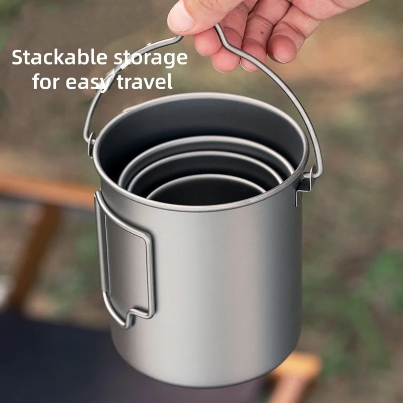 

Portable Pot Water Mug Cup with Lid and Foldable Handle Outdoor Camping Cooking Picnic Drinkingware