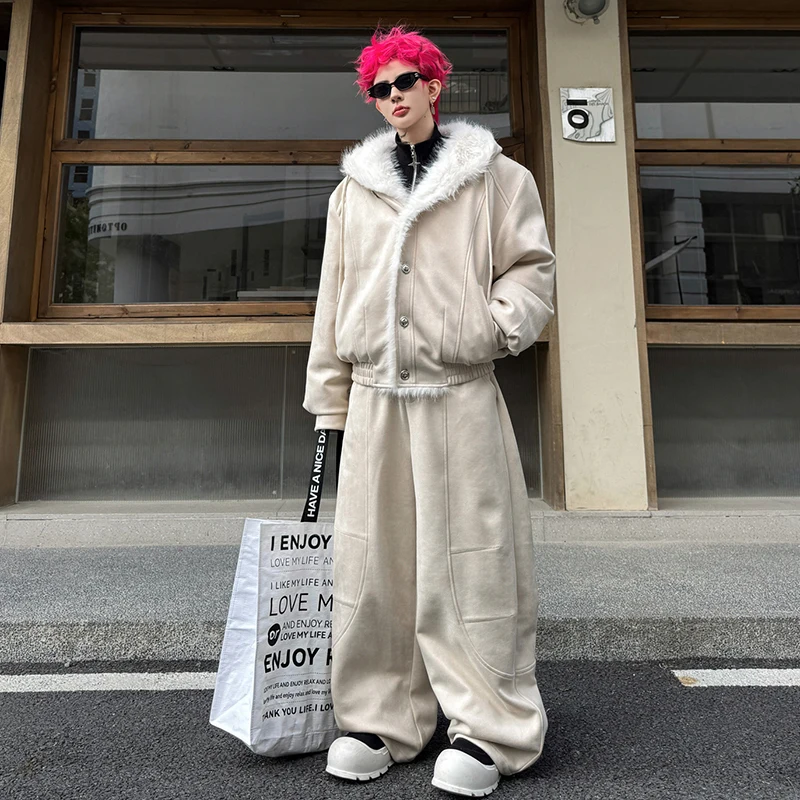 LUZHEN 2025 الشتاء أنيق وسيم قطعتين مجموعات الرجال فو الفراء بطانة الدافئة مقنعين معطف مبطّن بلون سراويل تقليدية JY5246