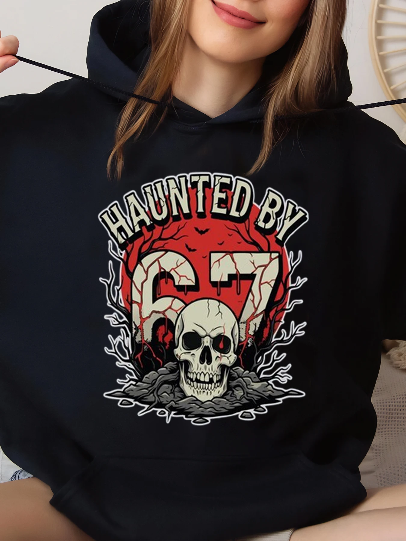 Hoodie Halloween Motif Tengkorak 667 untuk Wanita dan Pria, Kostum Pesta, Hitam, Ukuran Besar