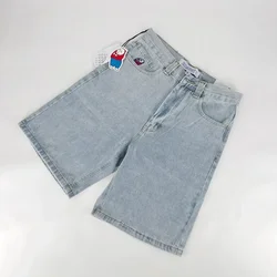 Pantalones cortos Y2K Harajuku Polar para niño grande, pantalón gótico de Hip Hop, bordado gráfico de dibujos animados, pantalones cortos de gimnasio de mezclilla Retro, pantalones cortos de baloncesto para hombre