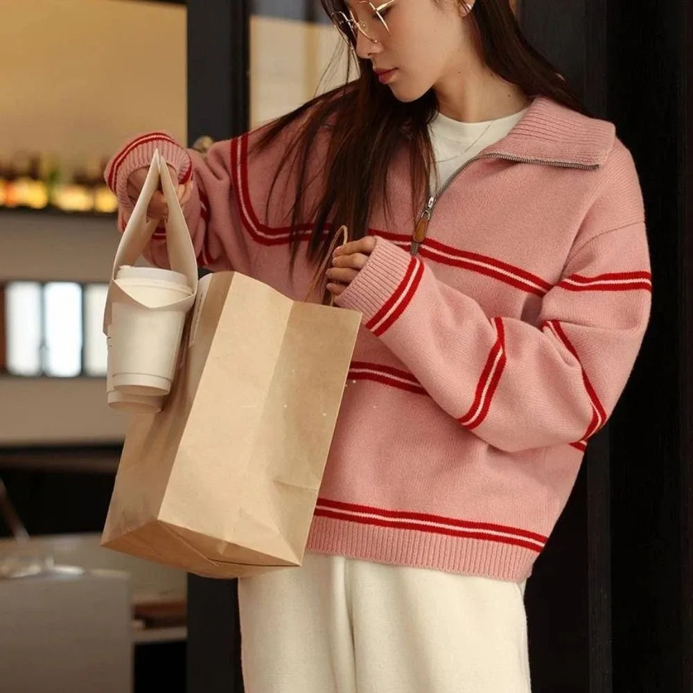 

Простая вязаная толстовка в полоску с длинными рукавами, осенний повседневный вязаный крючком свитер, женский топ, милый пуловер для девочек
