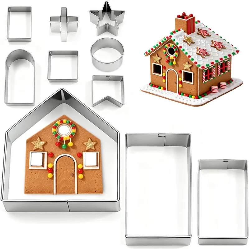 3D Christmas Gingerbread House Cookie Cutters Set Stainless Steel Cartoon Snowflake Biscuit Cutter Dough Donut Fondant Mold