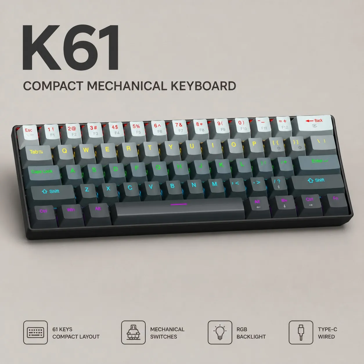 APAYADO K61 61-Key Wired Mechanical Gaming Keyboard, USB-C, Blue or Red Switches for PC Laptop Gaming and Office Use Setup