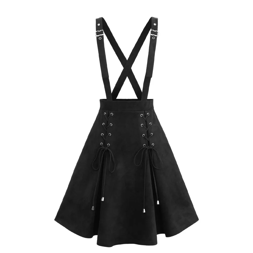 S-3XL الأسود الدانتيل يصل تقاطعات Strappy مشبك جروميت التنانير الحمالات انفصال ، المرأة عادية الركبة طول الحمالة تنورة