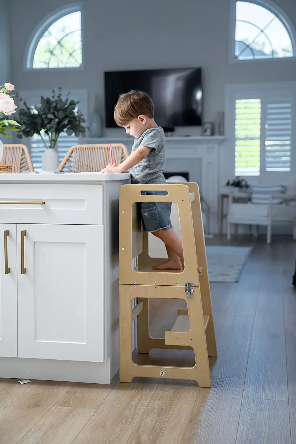 Data Torre de cozinha 4 em 1 - Banqueta para crianças com quadro, mesa e cadeira - Waldorf e Montessori