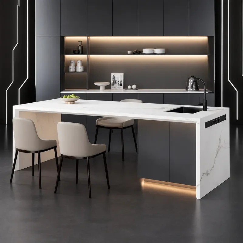Integrated Rock Slab Island Table Luxury Detachable Kitchen Dining Table Retractable Household Small Dining Table
