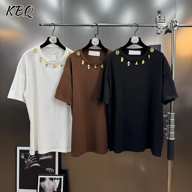 

KBQ однотонные свободные повседневные футболки на пуговицах для женщин, миниатюрные шикарные топы с круглым вырезом и короткими рукавами, женский модный стиль, новинка