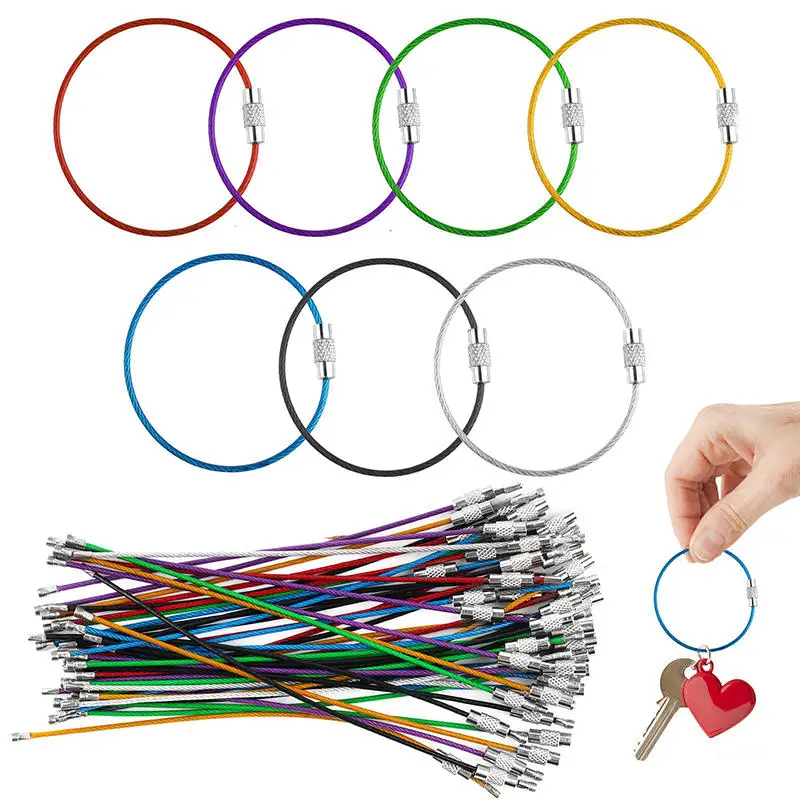 10PCS Multi Color Stainless Steel Wire Cable Rope EDC Luggage Screw Lock Ring Key Keyring Loop Circle Hang Keychain Chain Tag