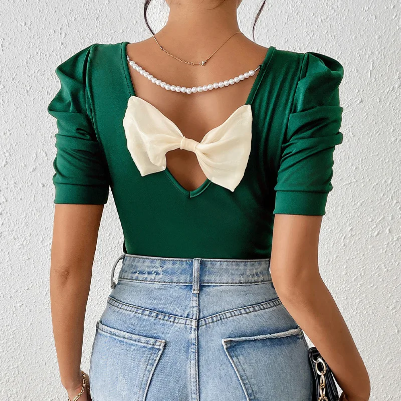 

Summer 2025 New Arrival Women's Bubble Sve T-irt Knot Ne Overhead irt Thi Knitted Woolen Fabric Ladies Top