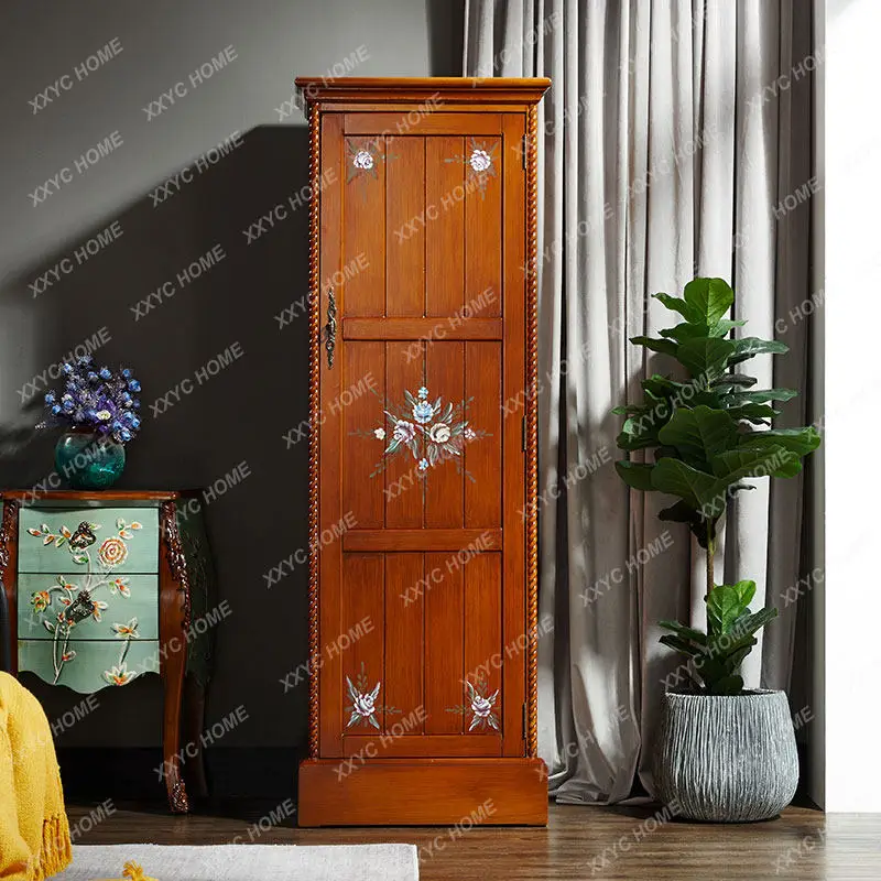 Single door small wardrobe with mirror solid wood bedroom wardrobe living room storage storage cabinet 60cm children's high
