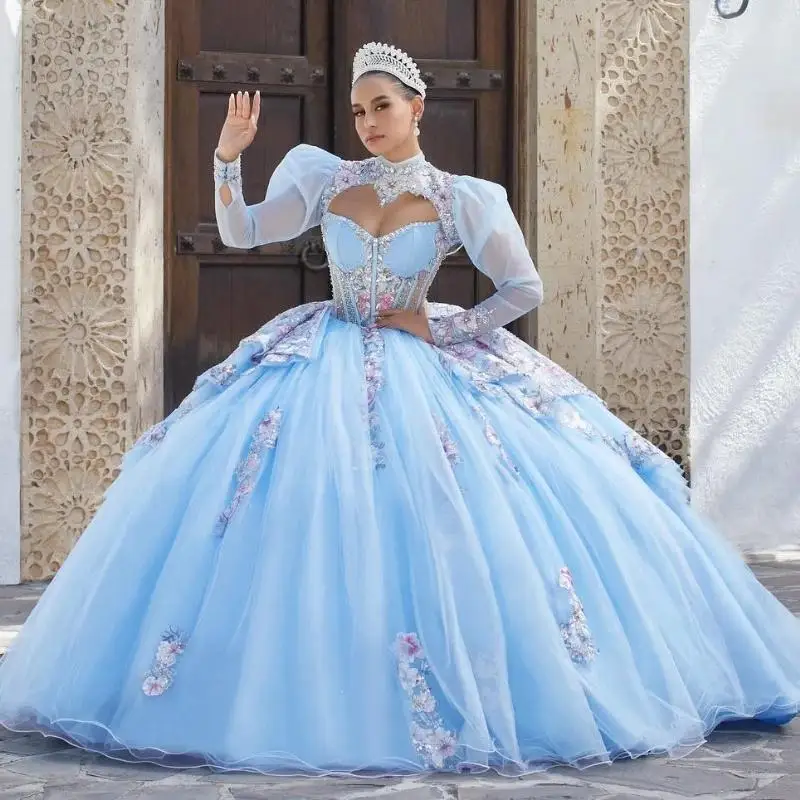 

Customized Luxury Sky Blue Shiny Quinceanera Dresses Ball Gown Off Shoulder Appliques Beads Crystal Tull Sweet 16 Dress Vestidos