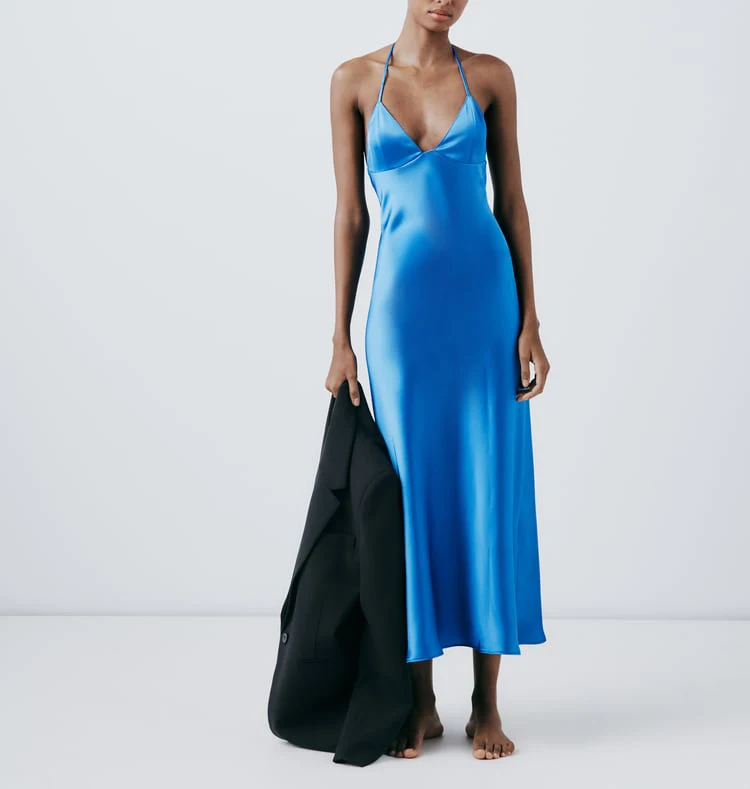 우아하고 섹시한 백 스트랩 새틴 느낌의 드레스, 출퇴근용 하이웨이스트 A라인 롱 스커트, V넥 민소매 폴리에스터 혼방 여름 드레스