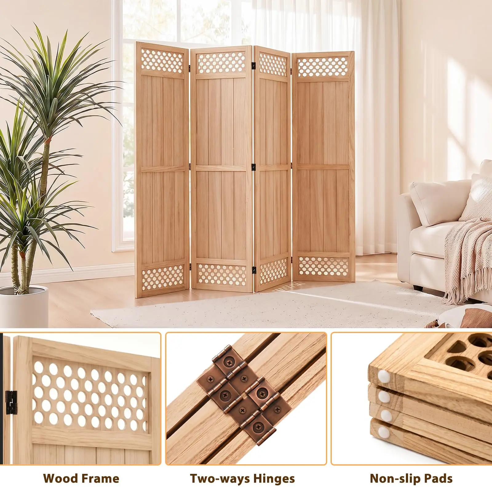Wood Room Divider Privacy Screen, Natrual Carved Room Divider 4 Panel 67
