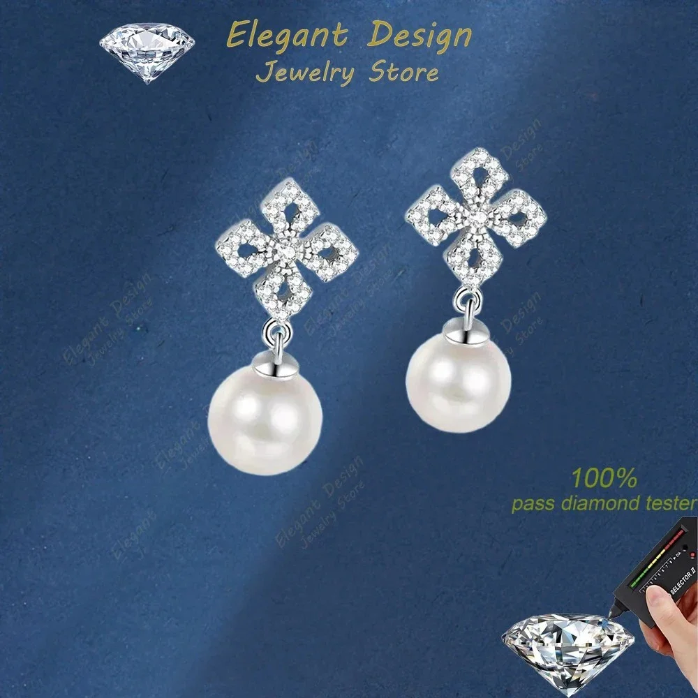 

Elegant Design 8mm Freshwater Pearl Drop Earrings Platinum PT950 Square 0.31Ct Moissanite Earring Wedding Jewelry