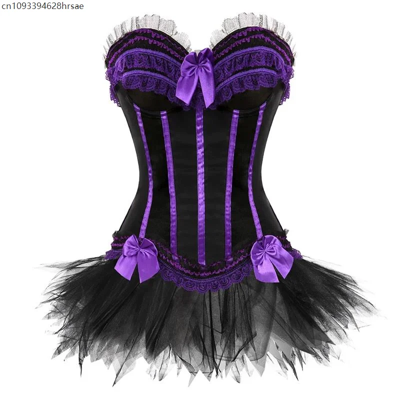 

Sexy Lace Overbust Corset Top Women Vintage Satin Bow Bustier Striped Floral Lace Up Corset Bustier Short Skirt Set