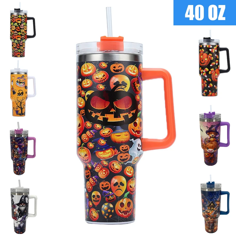 Halloween 40 Oz Vacuum Vacuum Flasks, Tumbler with Handle Cover Straw Stainless Steel Water Bottle for Hot and Cold Beverages.