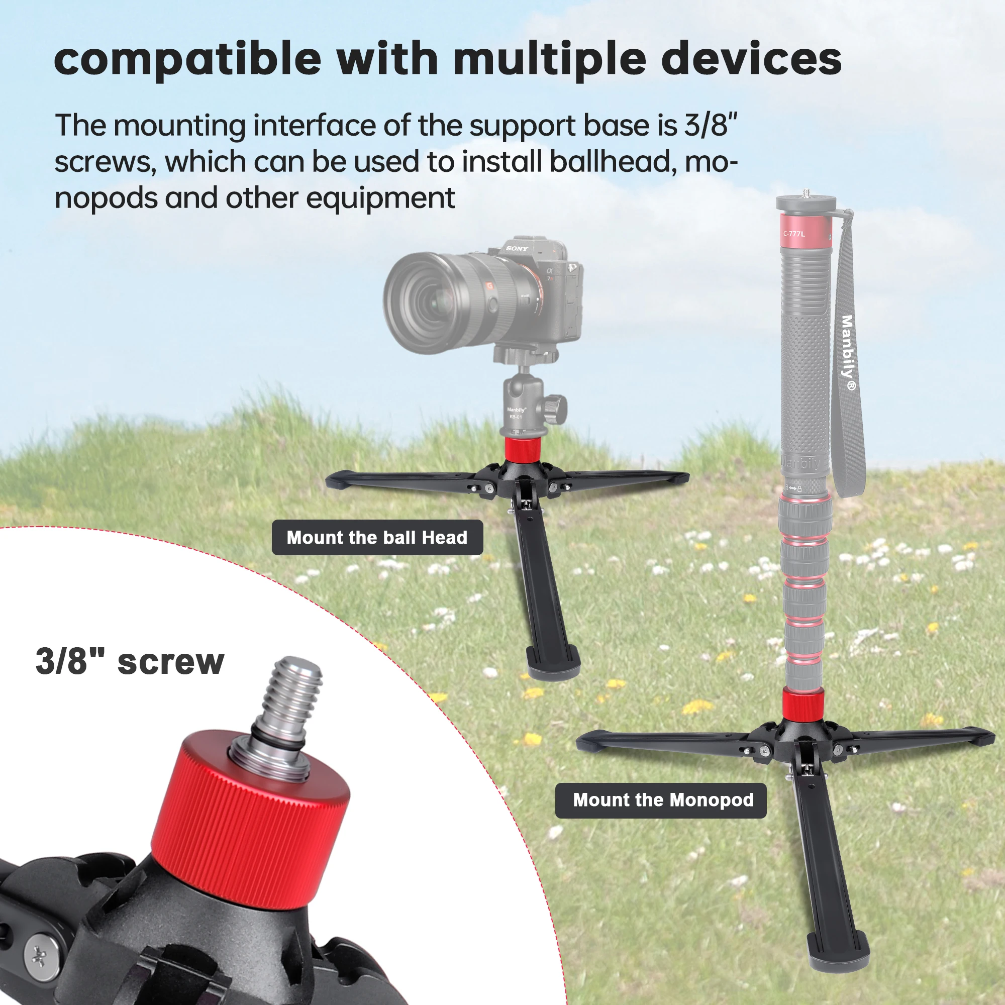 Manbily M-5 Aluminium-Halterung Stativ-Stützhalterung mit 3/8-Zoll-Schraubenadapter Fotografie-Einbeinstativ-Basis – Detail 6