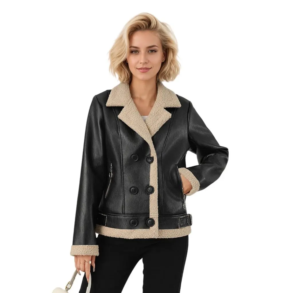 Women's Fleece-Lined Thick Leather Jacket -Inspired Turn-Down Collar Pu Leather Fur Integrated Custom-Made Outerwear