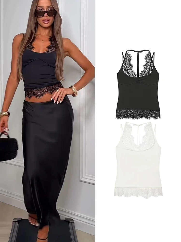 TFMLN Damen Neckholder-Top mit Spitzenbesatz, schickes ärmelloses Cami-Top, Sommer, neu, einfarbig, sexy, schlankmachend, für Ausgeh-Looks, lässige Damenbekleidung