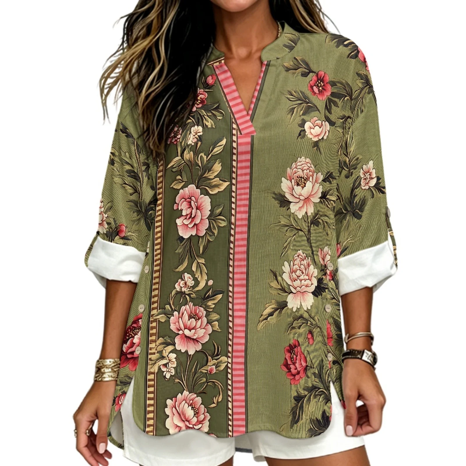 PENSTROLL Floral Pattern Linen Style Long Sleeve Loose Tunic Tunic Shirts for Women with Side Slit Long Sleeve Tops