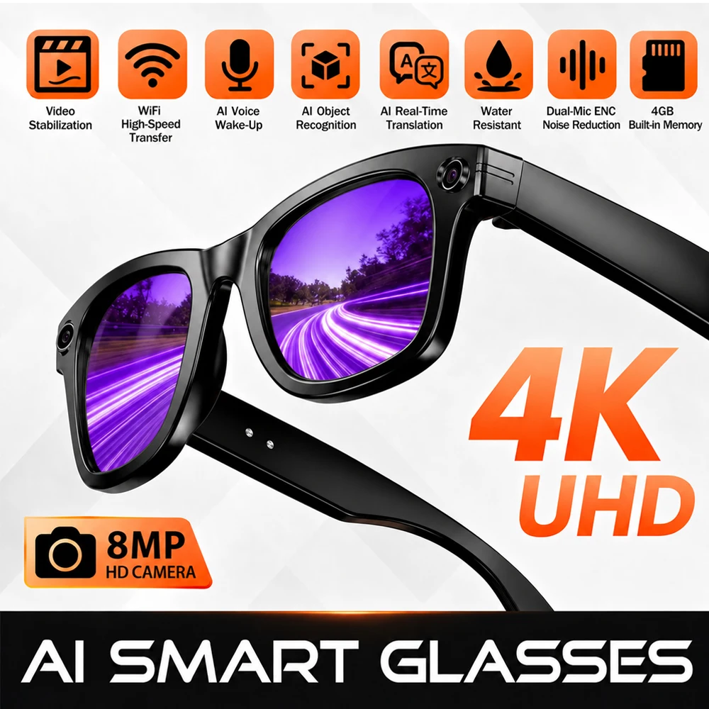 4K POV Recording AI Smart Glasses with 8MP Camera 270mAh AI Smart Translation ChatGPT Bluetooth Call WIFI Glasses Men Women 2026