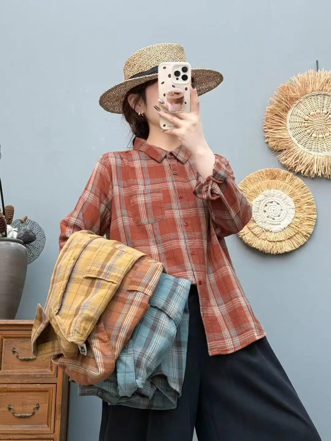 

Women's plaid shirts 2025 cotton yarn lapel long sleeve check blouses for women spring clothing breathable tops