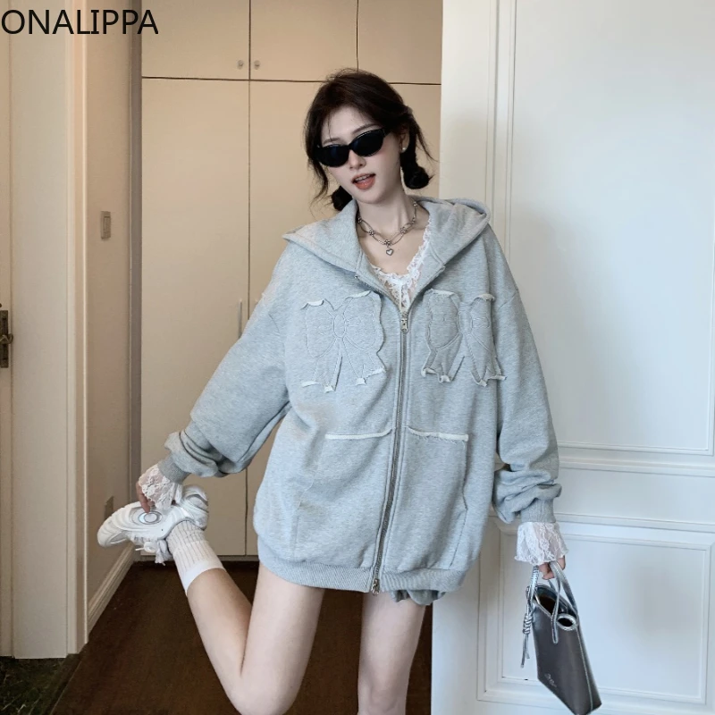 Onalippa Bows Patchwork Zip Up Hoodie Double Pockets Oversized Sweatshirt Slouchy Style Solid Winter Clothes Women Hoodies