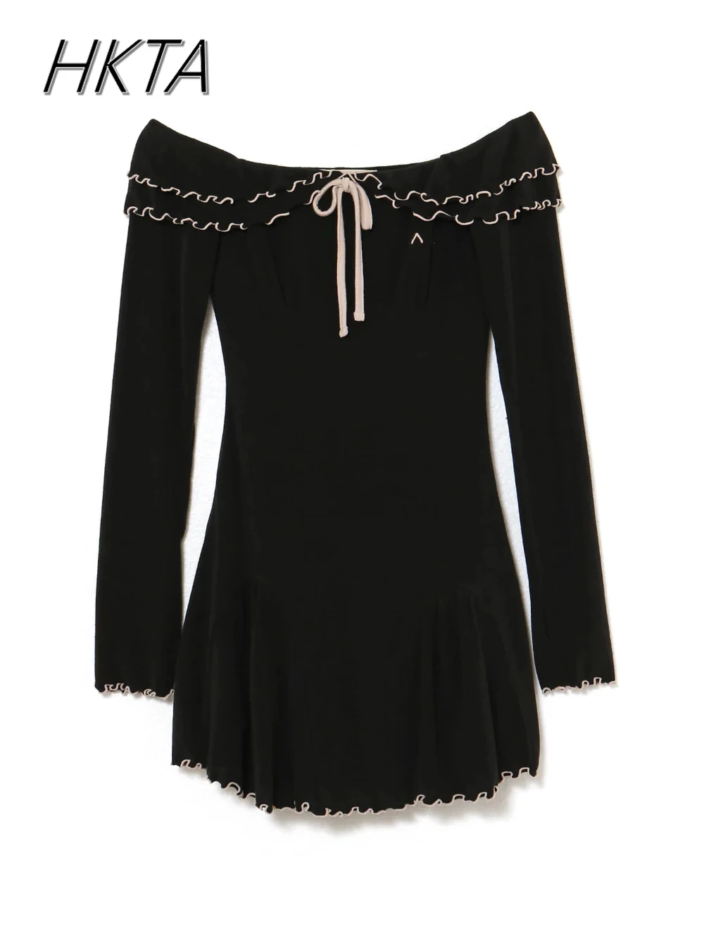 

Japanese Niche Dress 2025 Summer Black Slim-fitting One-word Shoulder Ruffles Contrasting Color Lace-up Dress Long-sleeve Dress