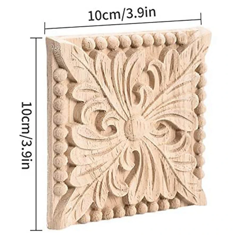 2 Pack Wood Carved Applique Onlay Square Carving Decal Unpainted Flower Door Cabinet Furniture Decoration 3.94X3.94Inch