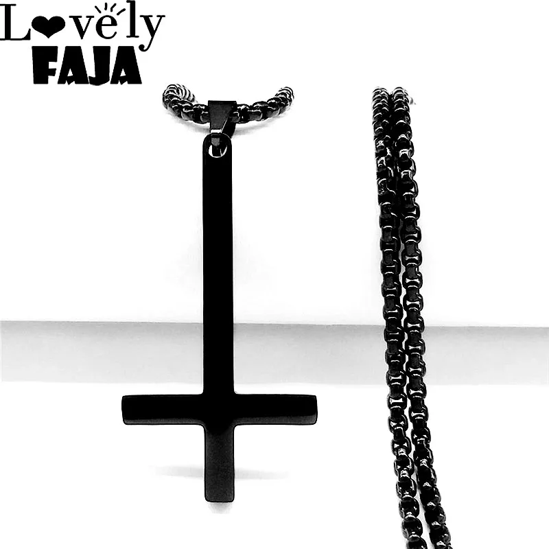 Stainless Steel Upside Down Cross Witchcraft Pagan Necklace Inverted Cross Black Chain Necklace Jewelry cruz invertida N8374S03