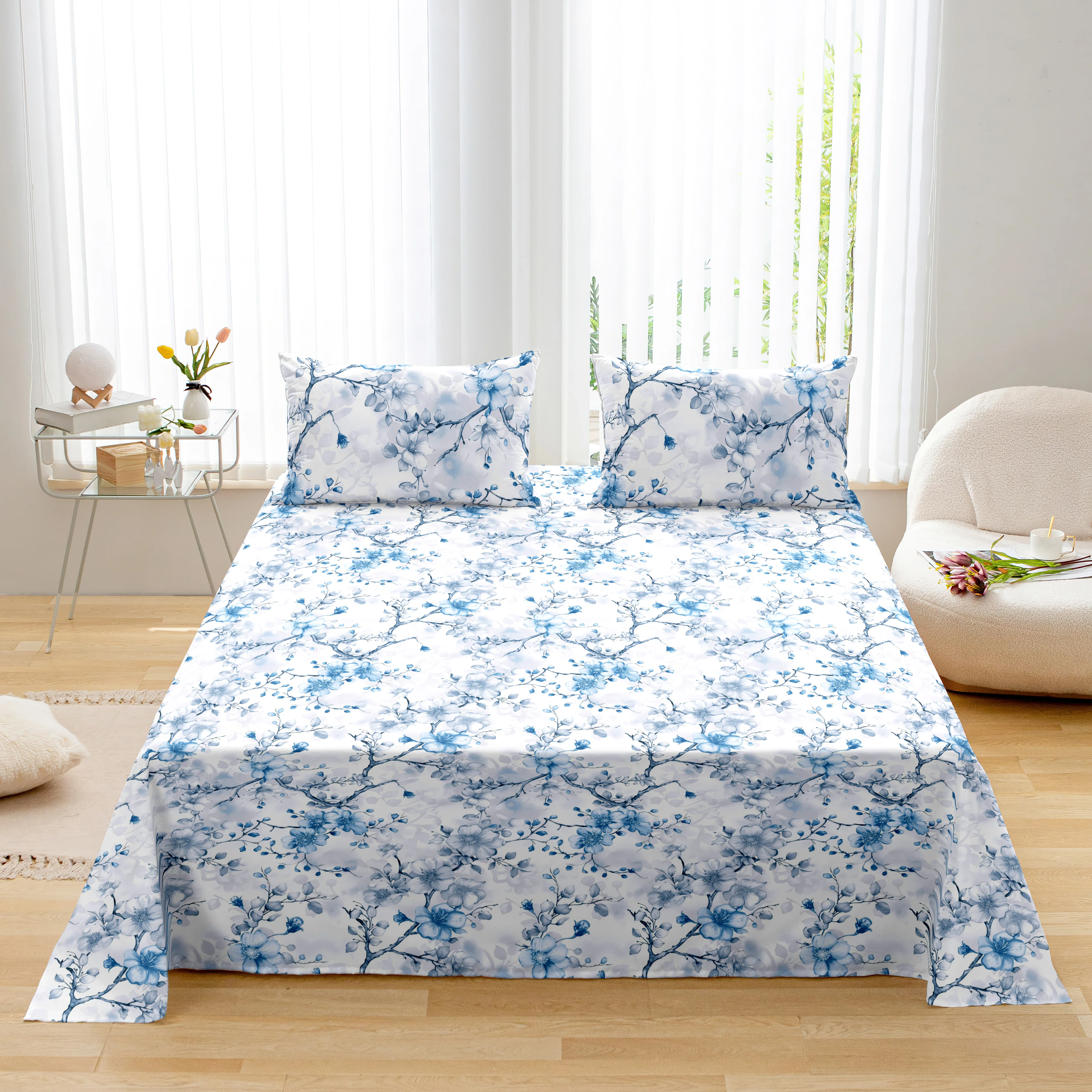 3-częściowy zestaw pościeli z flaneli w kwiatowy wzór, przyjazny dla skóry, oddychający, do użytku domowego, prześcieradło, narzuta na łóżko i poszewki na poduszki.