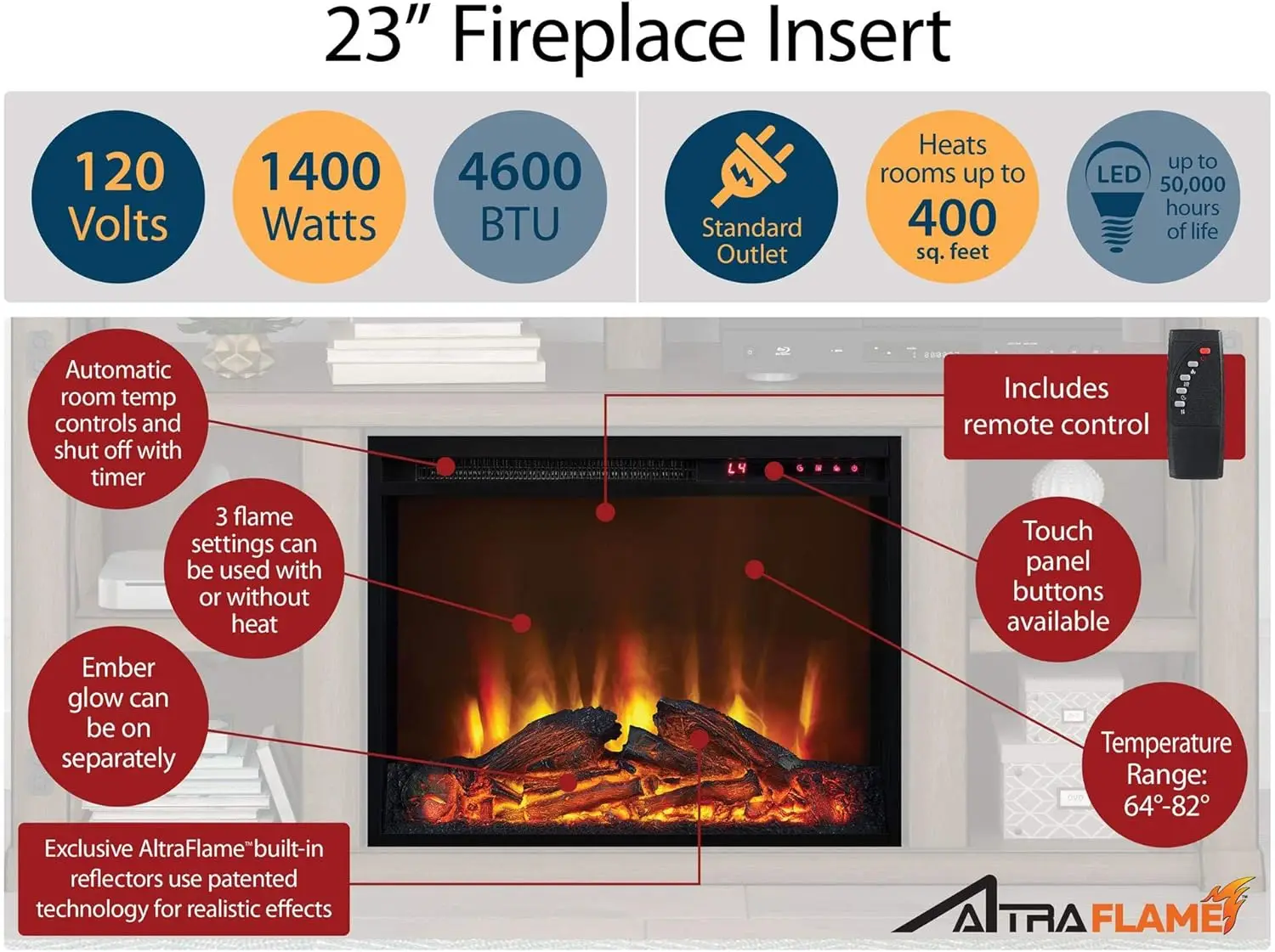 Lareira elétrica substituível com Mantel e prateleira, controle remoto, aquecedor de inserção autônoma, 30 pol