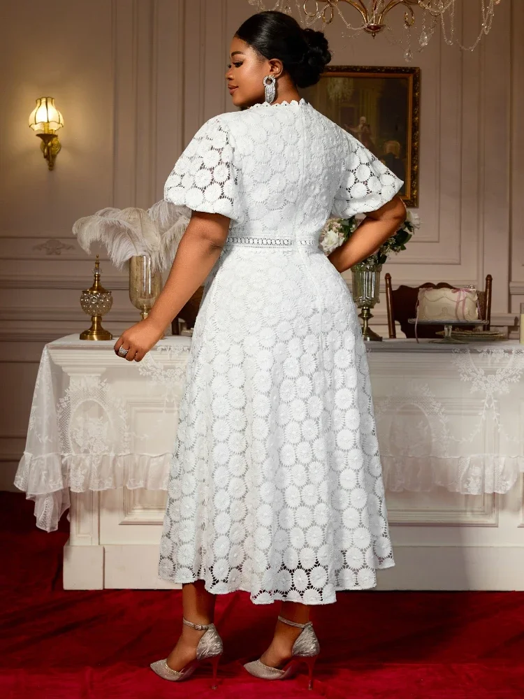 

White Lace Long Women Dresses for Wedding Floral A Line Mid Calf Half Puff Sleeves O Neck High Waist Dress